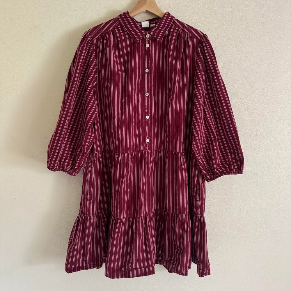 Gap Tiered Cotton Poplin Puff Sleeve Mini Dress Burgundy Stripe XL